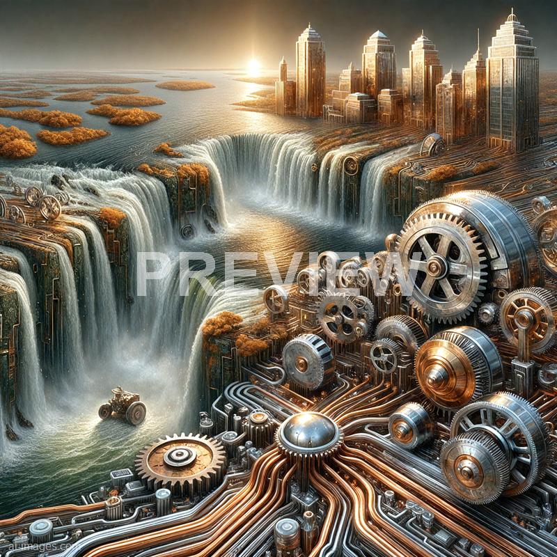 The image depicts a surreal cityscape where natural elements blend with mechanical components. A large waterfall flows into a body of water, with the city skyline in the background featuring tall, modern buildings that appear to be made of glass and metal. In the foreground, an intricate network of metallic gears, cogs, and pipes extends towards the waterfall, creating a fusion of organic and industrial elements under a glowing, hazy sky.